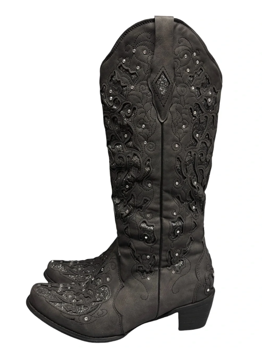 Gray Rhinestone Studded Glitter Inlay Knee High Cowboy Boots - Picture 4 of 7